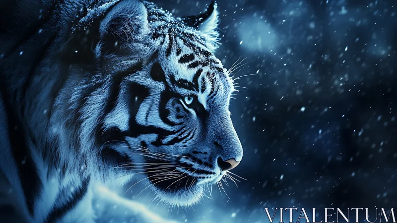 Side profile of tiger in blue toned falling snow scene.