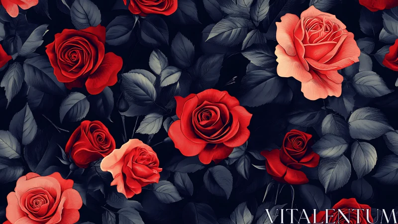 Red Roses Against Dark Foliage. Floral Composition