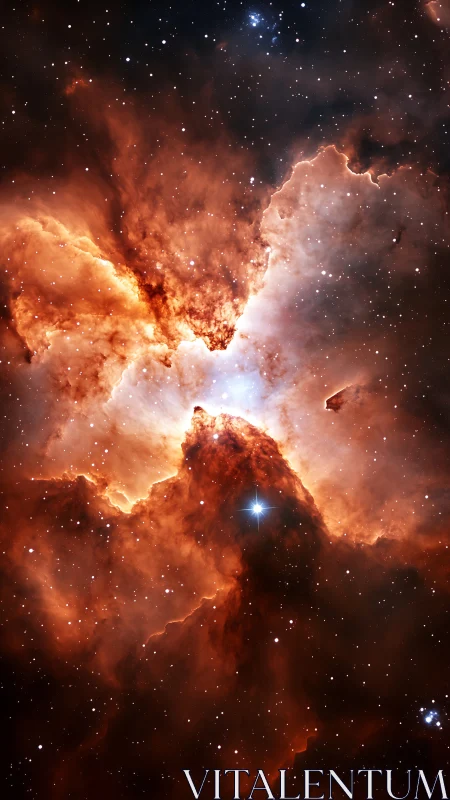 Dramatic orange nebula cloud with bright central stars.