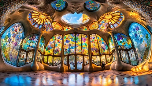 Panoramic organic interior with stained glass facade and columns