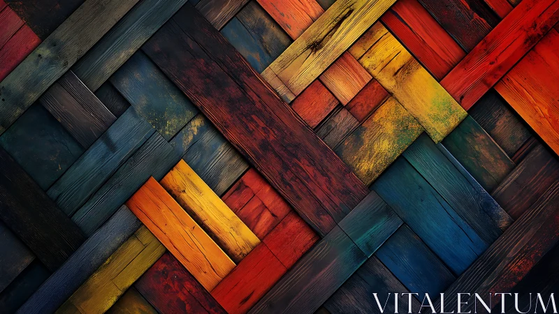 Multicolored wooden planks form dense diagonal woven grid