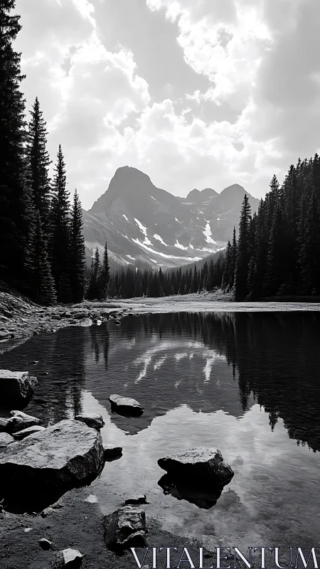 Monochrome alpine lake mirrors rugged snowcapped peaks.