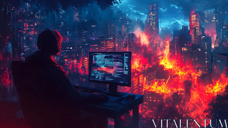 Midnight coder above a neon city on the edge of chaos.