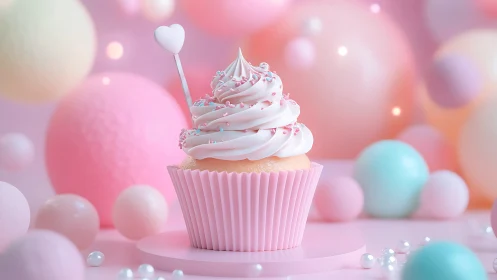 Whimsical Pink Cupcake with Heart Topper and Bokeh.