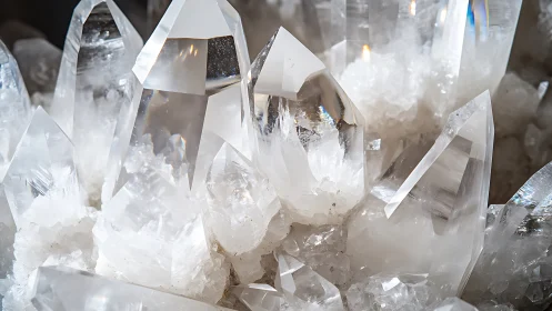 Cluster of clear quartz crystals catches bright reflected light.