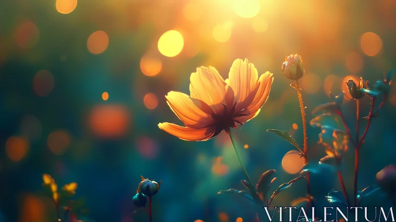 Sunlit wildflower glows amid dreamy golden bokeh background.