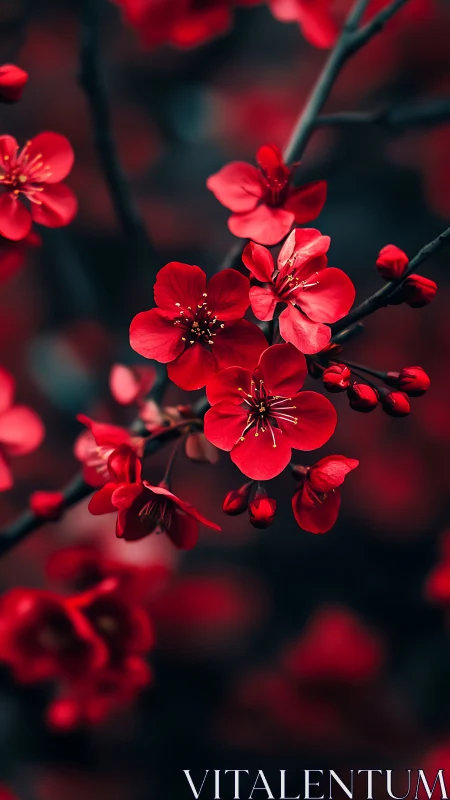 Crimson blossoms concentrated on dark branches with depth of field.
