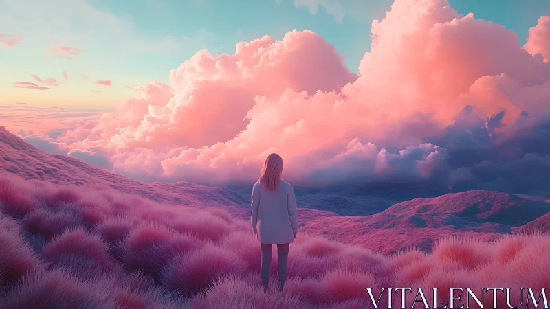 Dreamwalker facing cotton-candy clouds at a neon dusk.