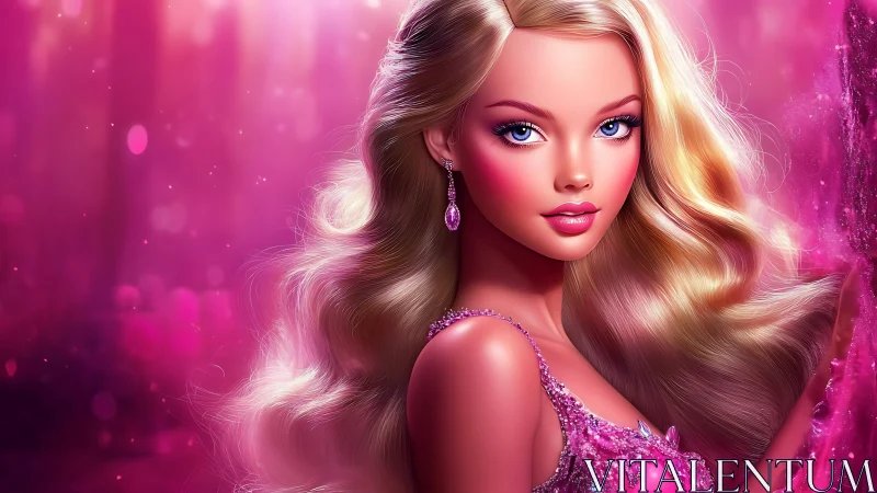 Glamorous blonde doll portrait in luminous pink glow.
