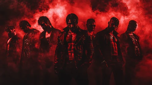 Shadowed rock band emerges through blood-red swirling fog.