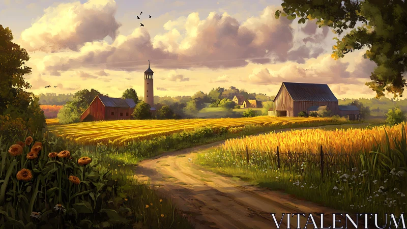 Rural farmland landscape with barns, tower, fields, and clouds.