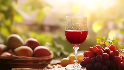 Sunlit vineyard whispers through a ruby glass of wine