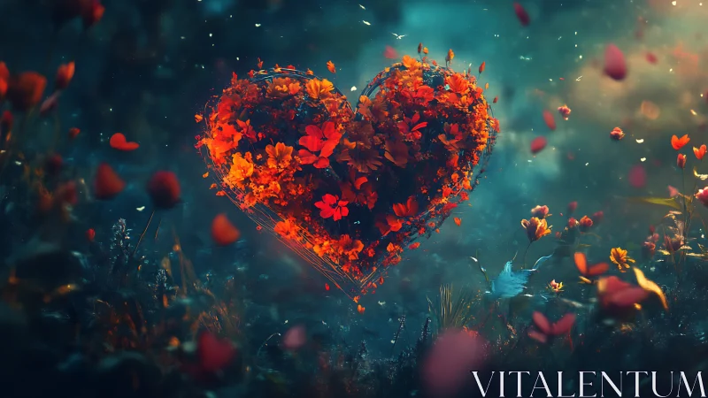Heart-Shaped Floral Composition with Radiant Orange Blooms Against Teal Nebula.