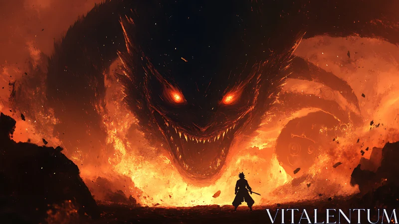 Lone warrior confronts colossal fiery demon in erupting inferno