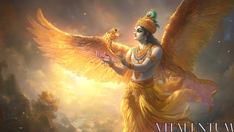 Winged celestial deity in radiant golden sky vision.