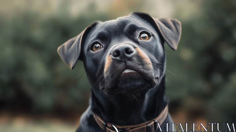 Shallow-depth portrait isolates black dog with reflective amber eyes