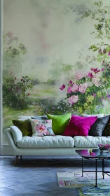 Floral mural living room with white sofa and bright pillows.