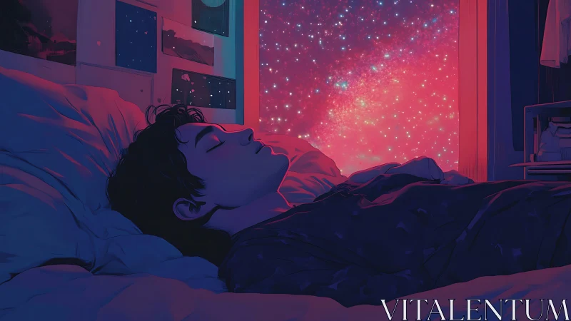 Stargazer at rest beneath a bedroom doorway of nebulae.