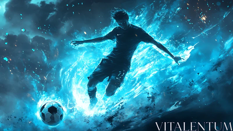 Energetic blue soccer player silhouette in explosive motion field