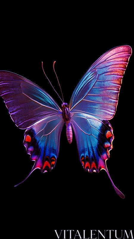 Iridescent neon butterfly on black background, high contrast detail