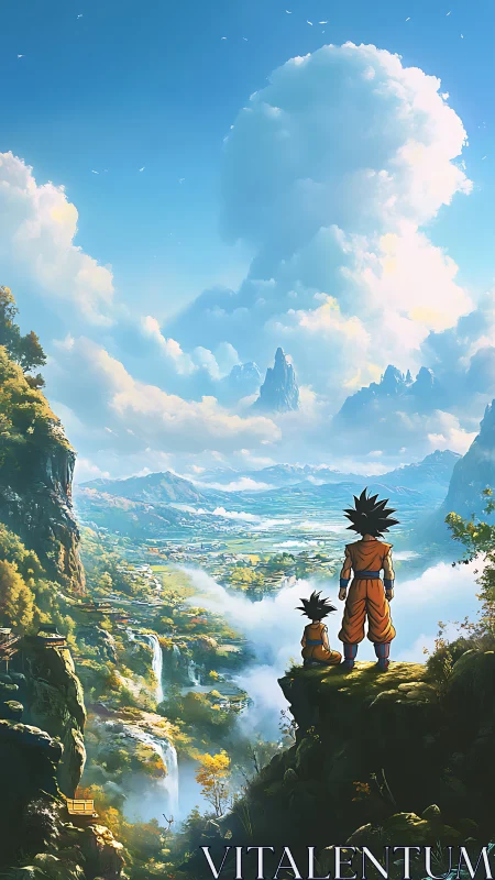 Two figures observe expansive valley landscape from cliff edge