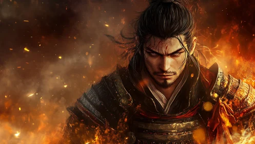 Battle-worn samurai warrior amid embers and flames.