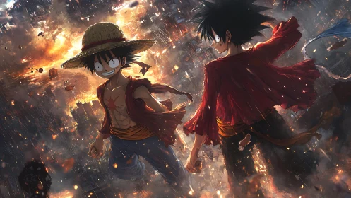 Straw-hatted warrior confronts dark twin amid burning city.