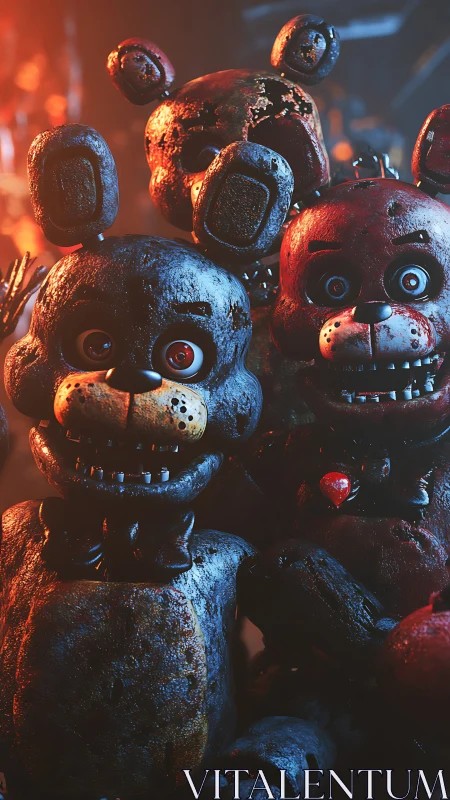 Rust-bitten robot bears grin through firelit midnight gloom