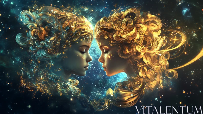Two luminous female profiles face each other in cosmic space