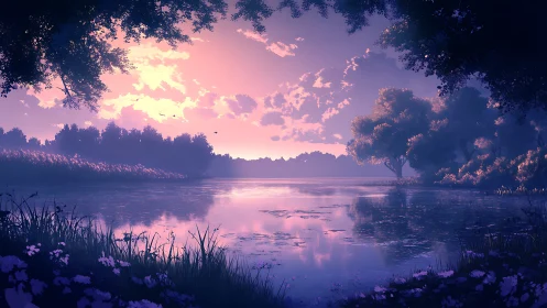 Twilight lakeside landscape with high contrast rim-lit foliage reflections