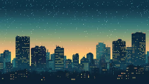 Nocturnal city skyline under gradient twilight skyfield.