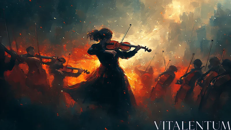Orchestral violinists silhouetted against fiery abstract light.