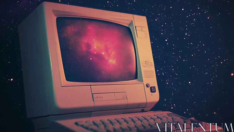 Retro computer drifts through a dreamy pink starlit galaxy.