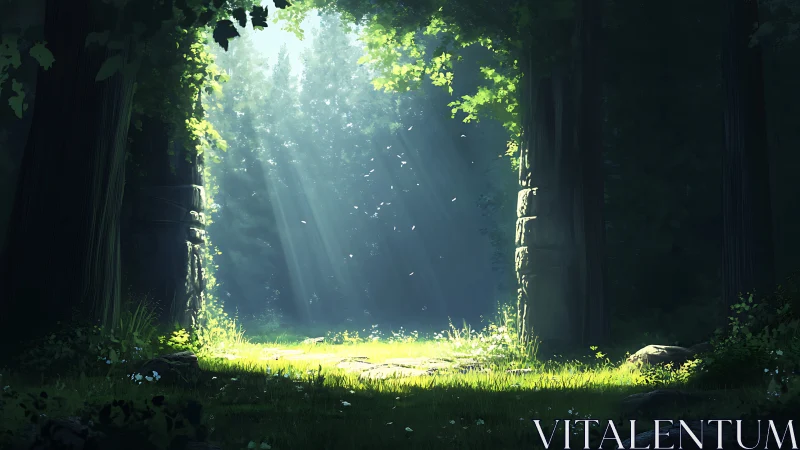 Enchanted forest clearing bathed in golden sunlight.