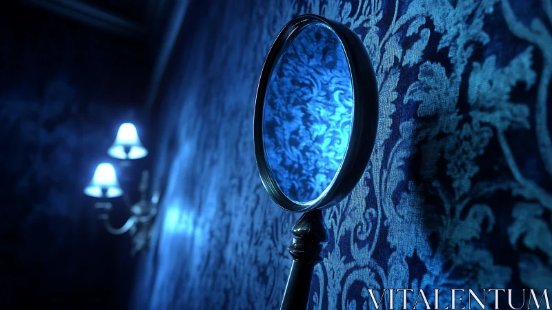 Moonlit mirror against dreamy blue damask wall.