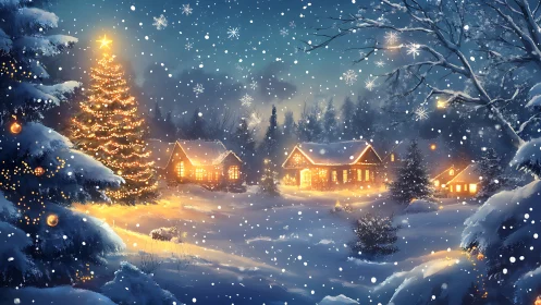 Cozy winter cottages glowing under a starlit snowfall.