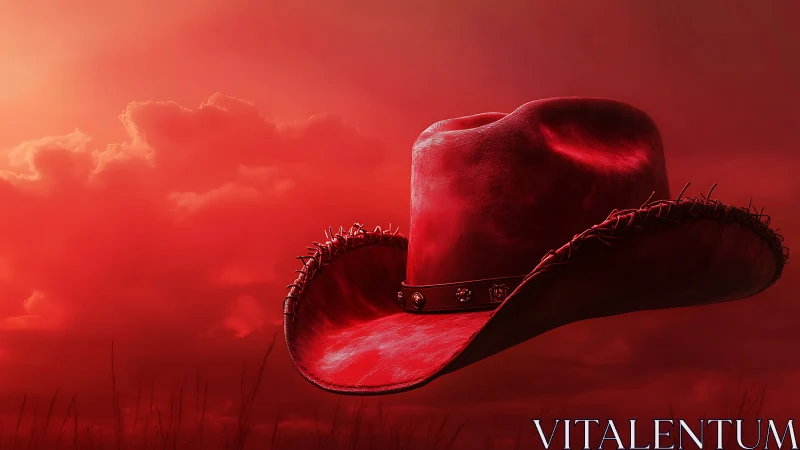 Floating red cowboy hat drifting through a sunset sky.