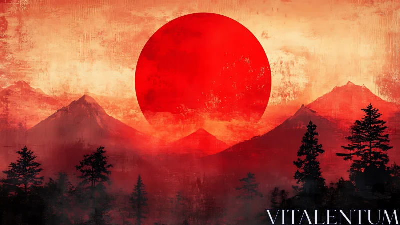 Crimson sun rising over misty mountain pines in silence.