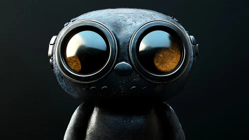 Big-eyed black robot character with reflective goggles.
