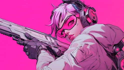 Cyber sniper girl in vivid neon pink tactical gear.