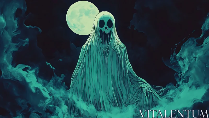 Ghostly shrouded specter under full moon in teal monochrome