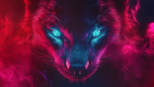 Neon spirit wolf stares through electric twilight smoke veil