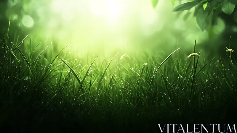 Sunlit morning grass with dew in dreamy soft focus style.