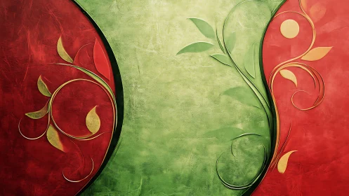 Curved red green split canvas with embossed metallic floral vectors