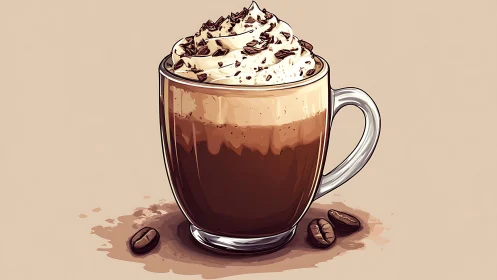 Creamy mocha daydream in a cozy glass mug illustration.