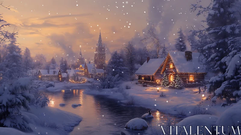 Snow-laden river village with illuminated cabins at twilight