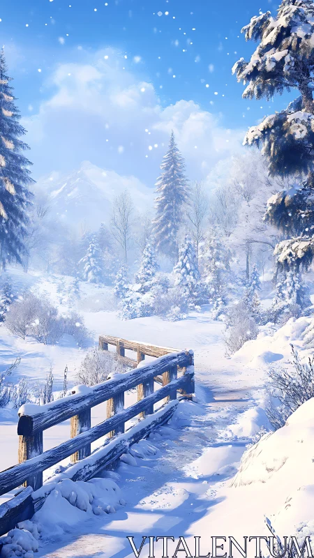 Snow covered bridge crossing bright winter forest trail.