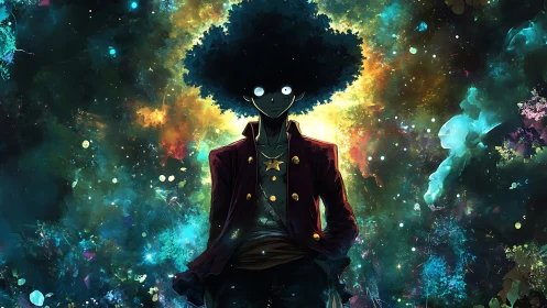 Afro silhouetted wanderer stands within radiant cosmic nebula