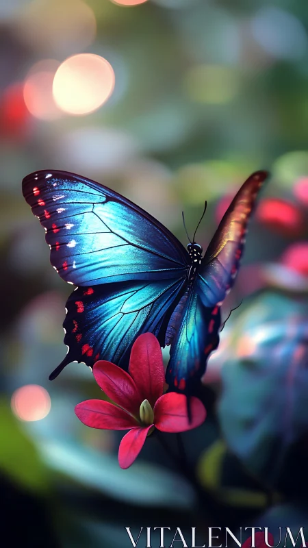 Iridescent garden butterfly poised on glowing crimson bloom.