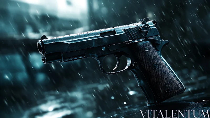 Rain-soaked semi-automatic pistol in cinematic teal lighting.